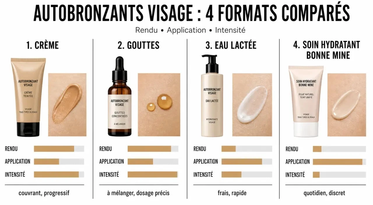 Crème visage autobronzante : comparaison des formats crème, gouttes, eau lactée et soin bonne mine