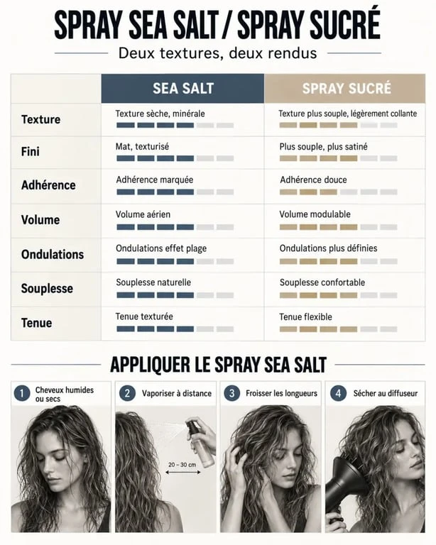 Infographie comparative du spray sea salt et du spray sucré pour créer volume et ondulations