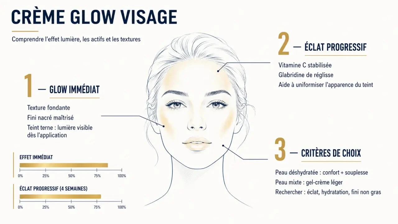 Crème glow visage : infographie comparant l’éclat immédiat, les actifs et les textures