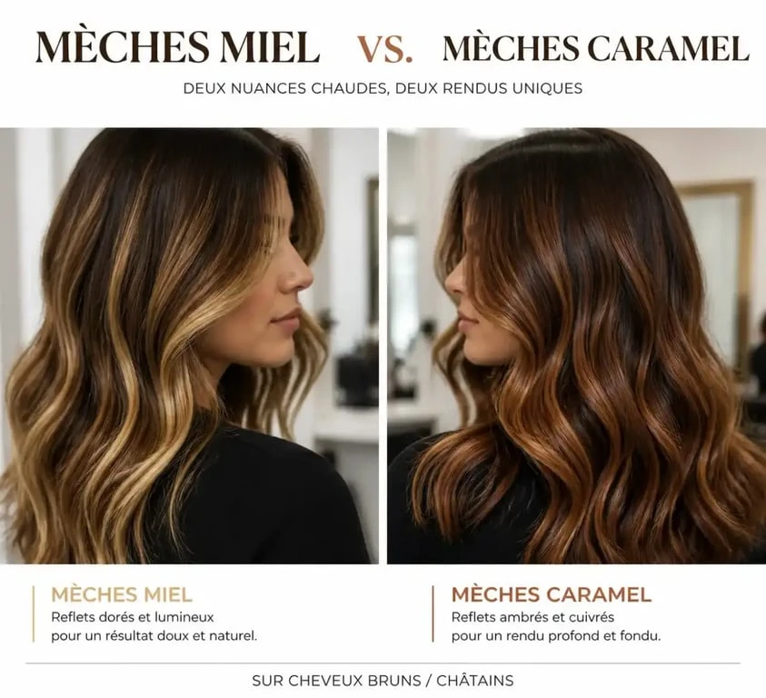 Mèche miel et caramel sur cheveux bruns, comparaison visuelle des reflets dorés et cuivrés
