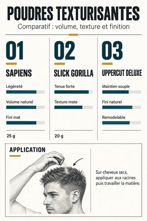 Comparatif meilleur poudre texture : Sapiens, Slick Gorilla et Uppercut Deluxe selon la tenue, le fini et le volume