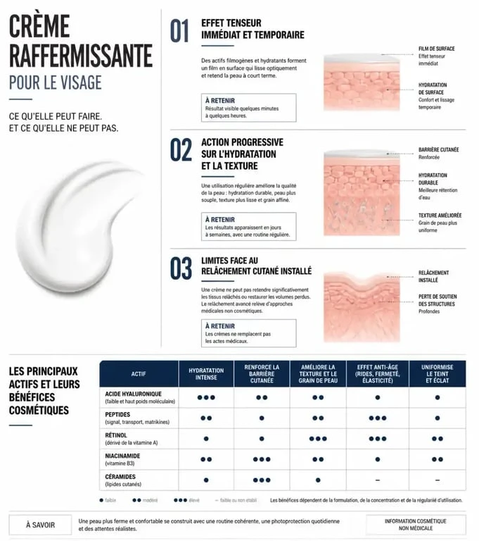 Infographie sur la crème raffermissante pour le visage, ses actifs et ses effets immédiats ou progressifs
