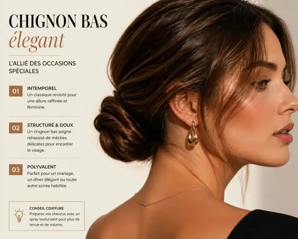 Coiffure de soirée sur cheveux au carré avec chignon bas