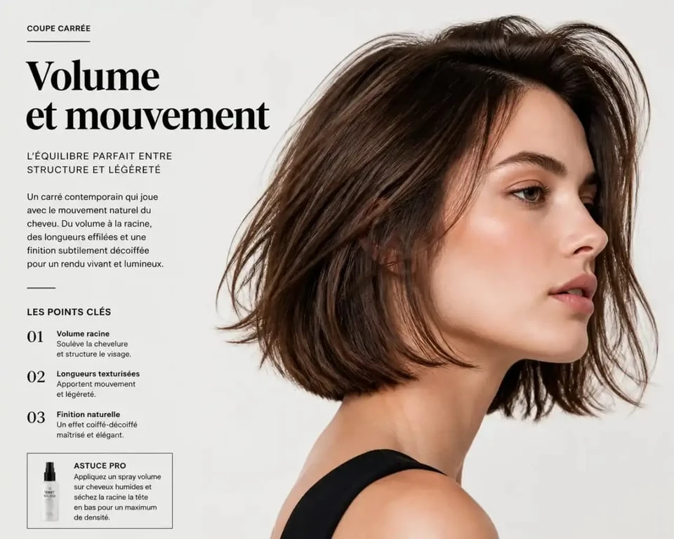 Coiffure pour cheveux au carré avec volume et mouvement naturel