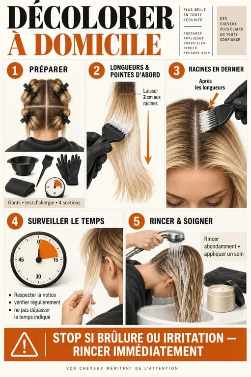 Étapes illustrées pour décolorer les cheveux à domicile, des longueurs vers les racines