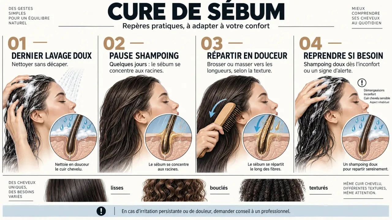 Étapes d’une cure de sebum, de la préparation au shampoing de reprise