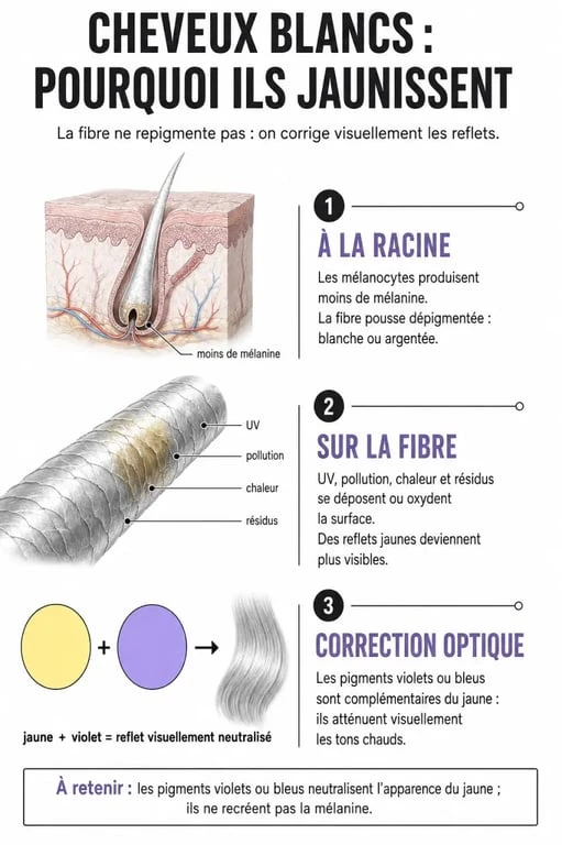 Schéma de l’entretien naturel des cheveux blancs et de la neutralisation des reflets jaunes