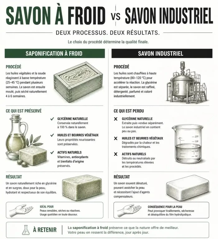 Infographie expliquant la saponification à froid pour un savon solide corps bio