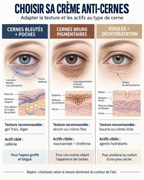 Infographie pour choisir une crème anti cernes selon la couleur, les poches et les ridules