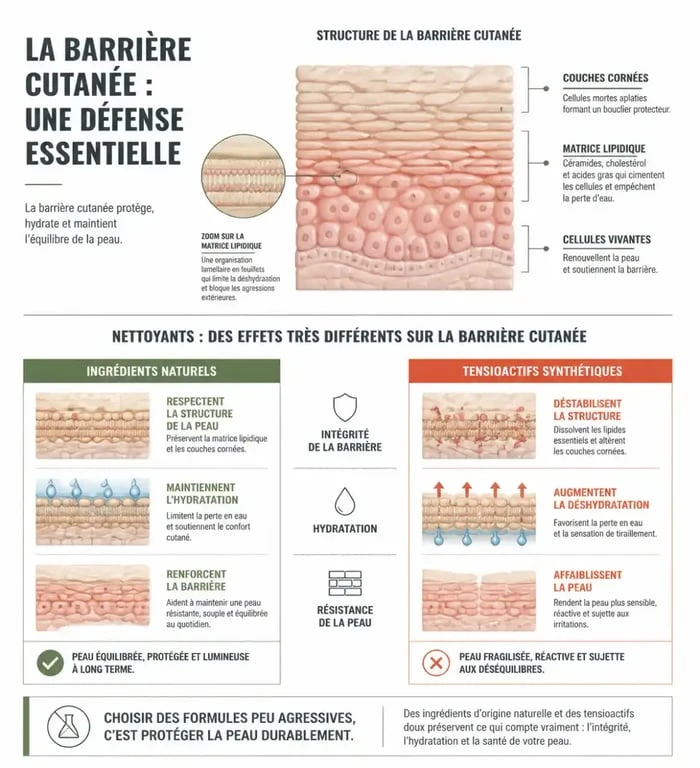 Schéma explicatif des bienfaits du savon liquide bio sur la barrière cutanée