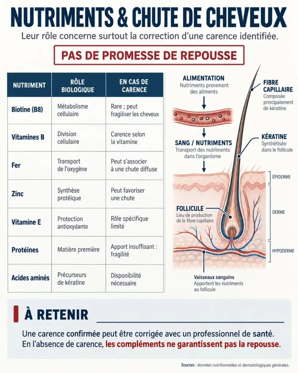Infographie sur les vitamines pour les cheveux qui tombent et les nutriments utiles