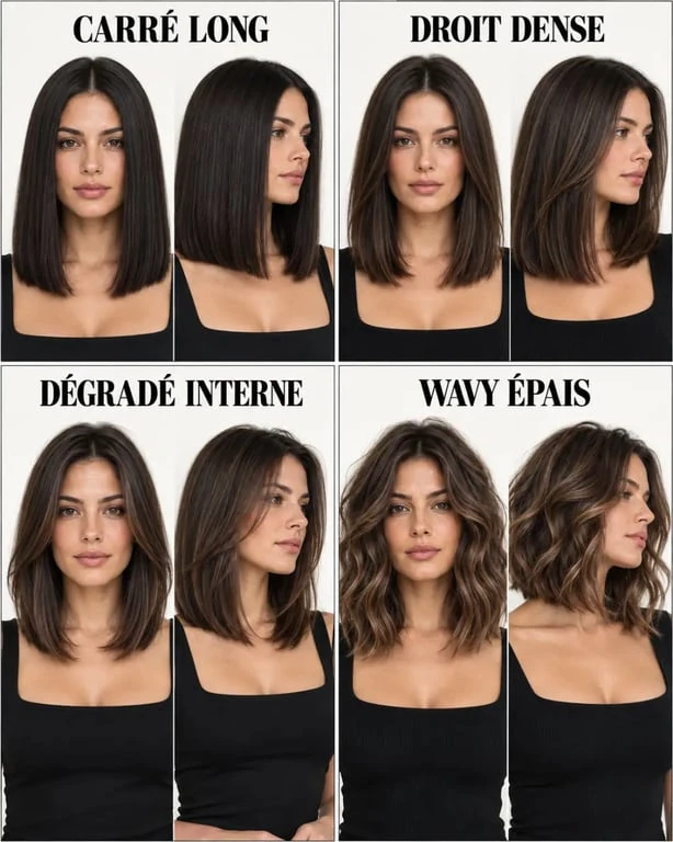 Variantes de carré long cheveux épais : coupe droite, dégradée, plongeante et wavy