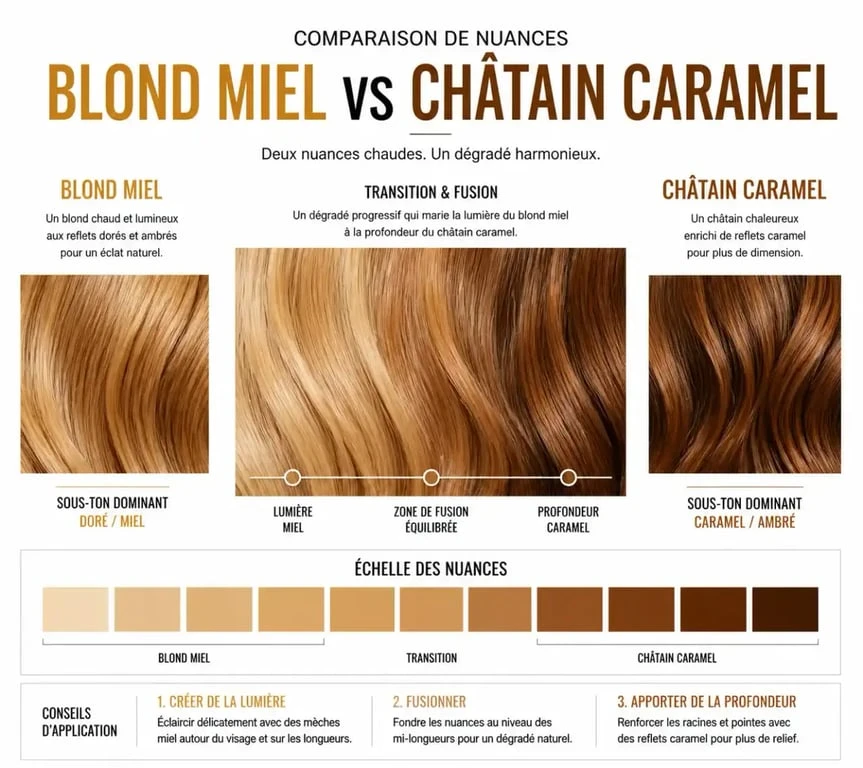 Nuances de couleur de cheveux caramel miel pour un effet naturel et lumineux