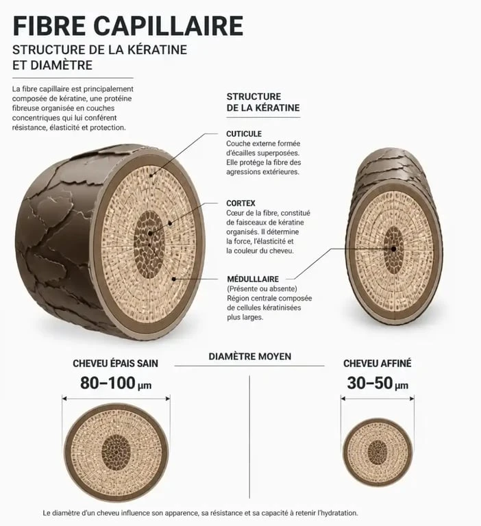 Schéma de la fibre capillaire pour comprendre comment épaissir les cheveux