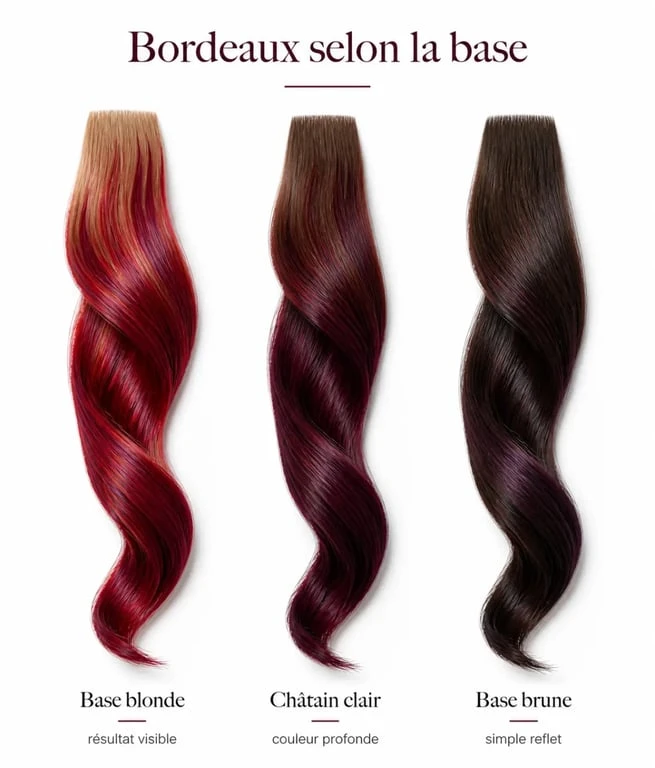 Teinture cheveux bordeaux : rendu sur base blonde, châtain clair et brune avec reflets rouges et violacés