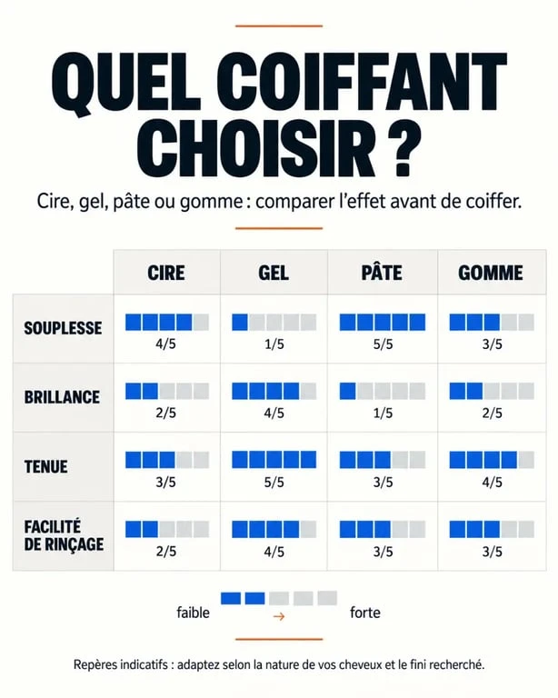 Infographie comparative sur la cire pour cheveux, le gel, la pâte et la gomme