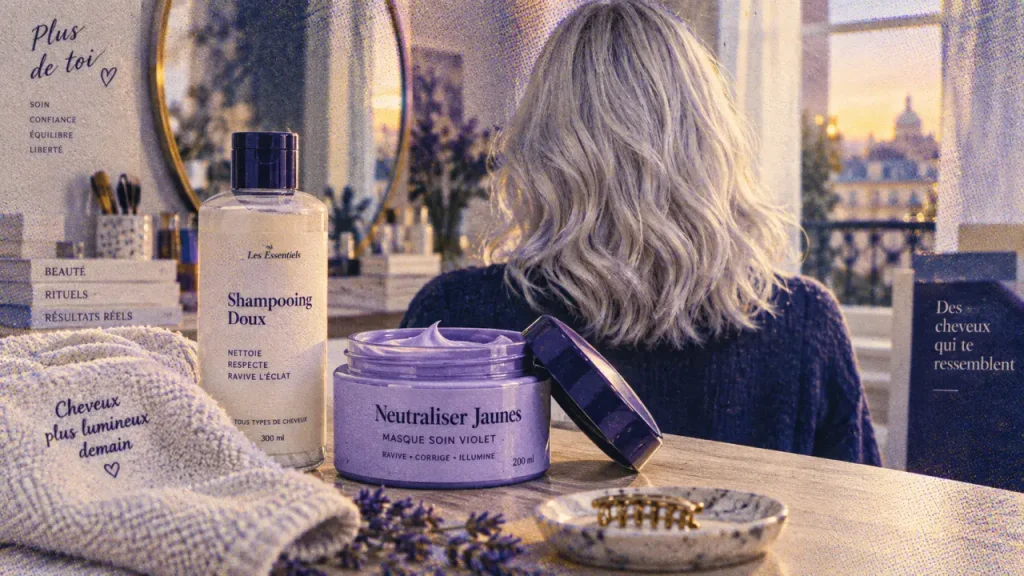 Entretien naturel des cheveux blancs : shampoing doux et masque violet pour neutraliser les jaunes