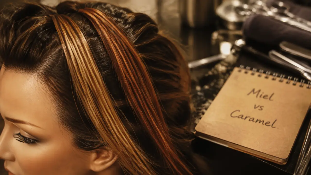 Meche miel et caramel sur cheveux châtain foncé en salon de coiffure