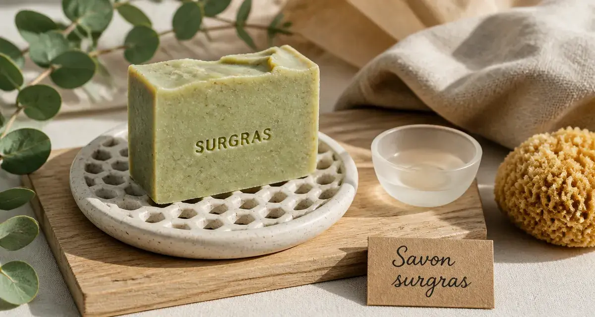 Savon solide corps bio surgras 7%, sur planche bois, porte-savon céramique