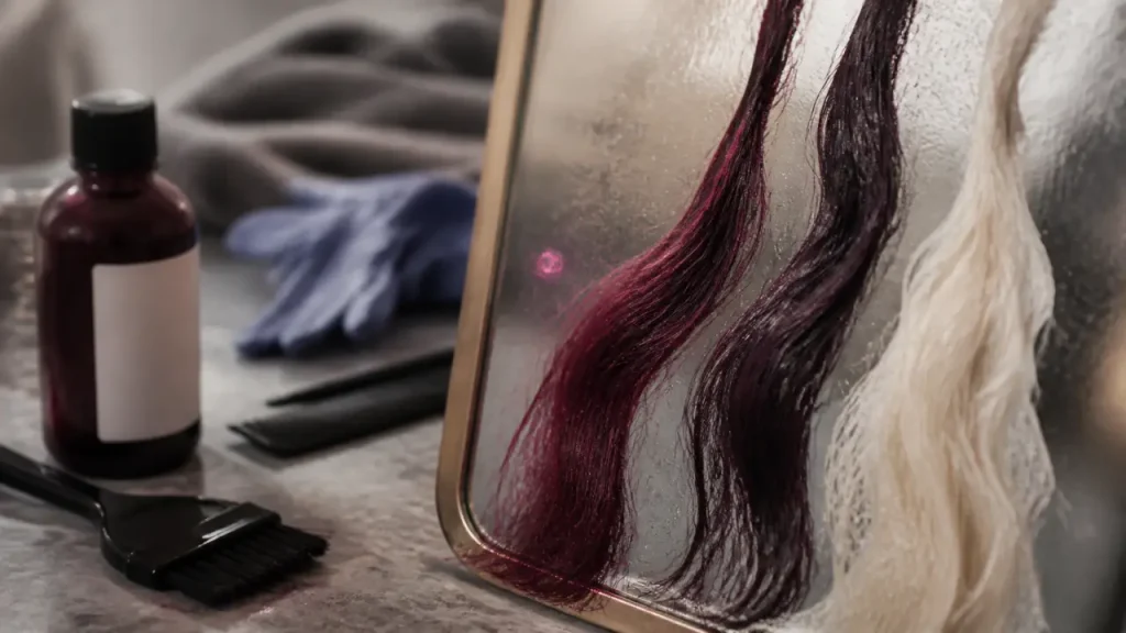 Teinture cheveux bordeaux, mèches lie-de-vin sur miroir de salle de bain
