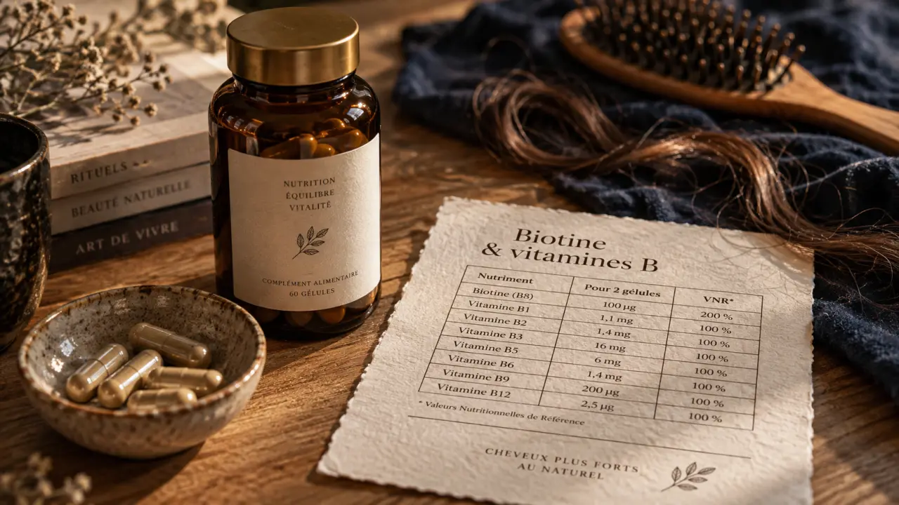 Vitamine pour les cheveux qui tombent : flacon de biotine et capsules vitamines B