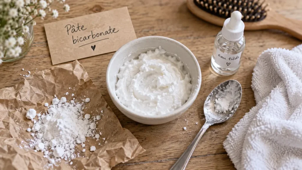bicarbonate pour les cheveux, pâte de bicarbonate en bol