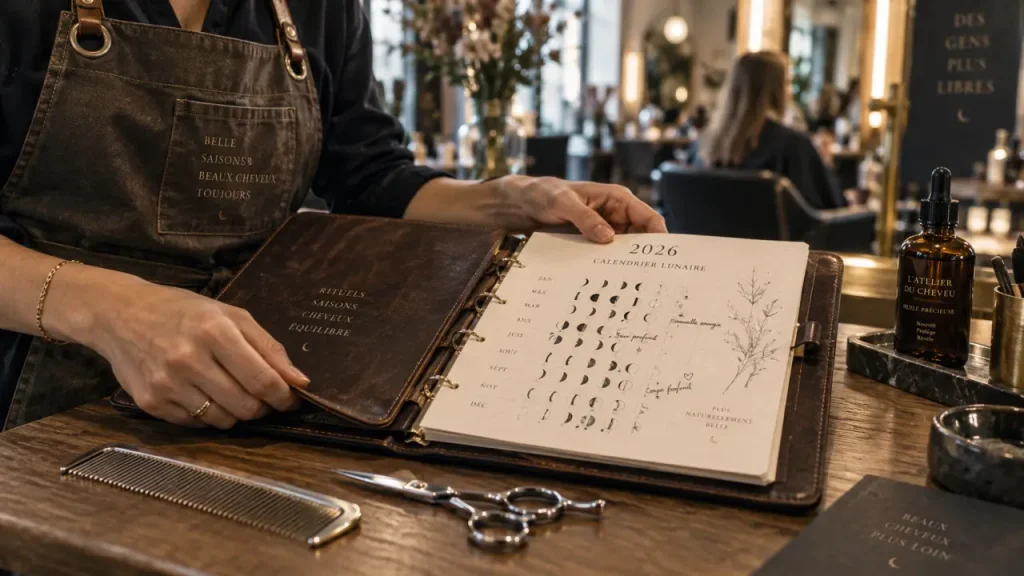Coupe cheveux lunaire : calendrier lunaire 2026 près d’outils de coiffure