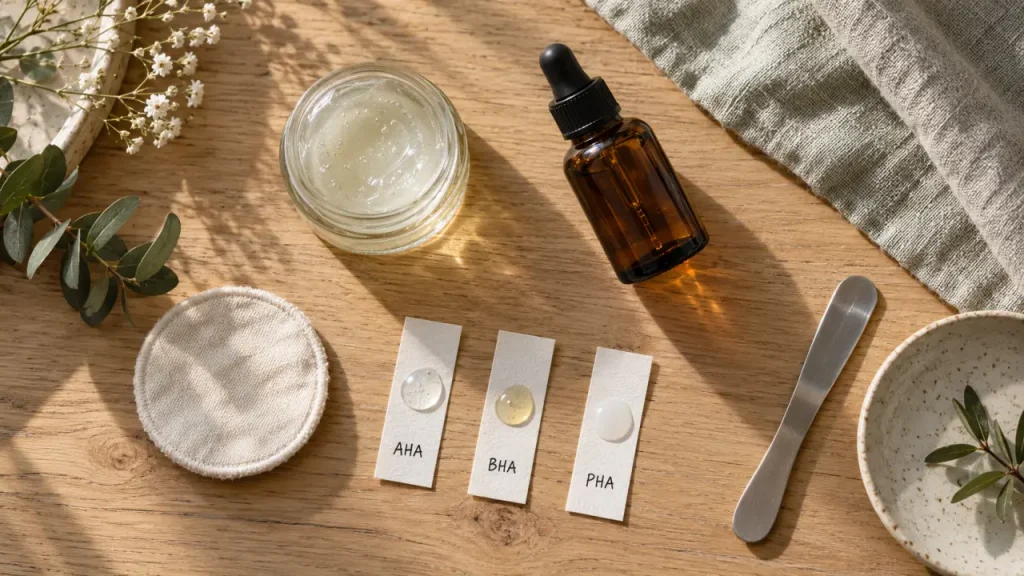 Crème peeling visage AHA BHA PHA en pot translucide, grain de peau affiné