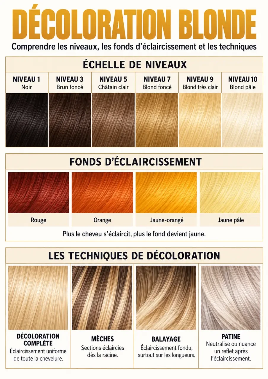 Infographie sur la décoloration cheveux blond, les niveaux d’éclaircissement et les reflets jaunes ou orangés