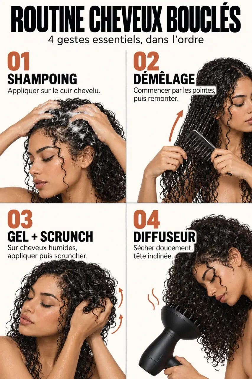 Routine cheveux boucle en quatre étapes : lavage, démêlage, scrunch et séchage au diffuseur