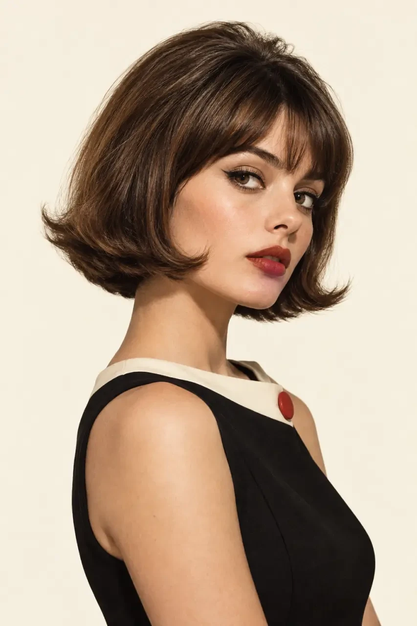 Coupe année 60 en carré baby-doll avec frange et pointes retournées
