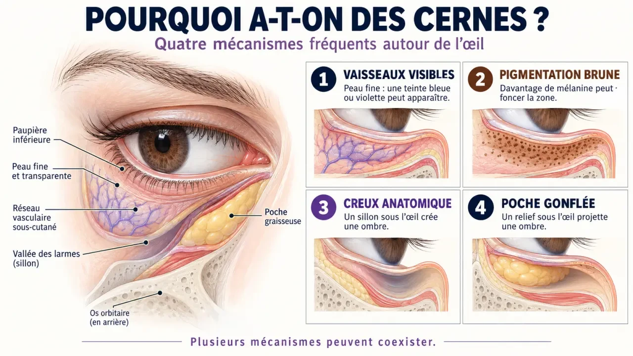 Cerne sous les yeux : causes vasculaires, pigmentaires, anatomiques et liées aux poches