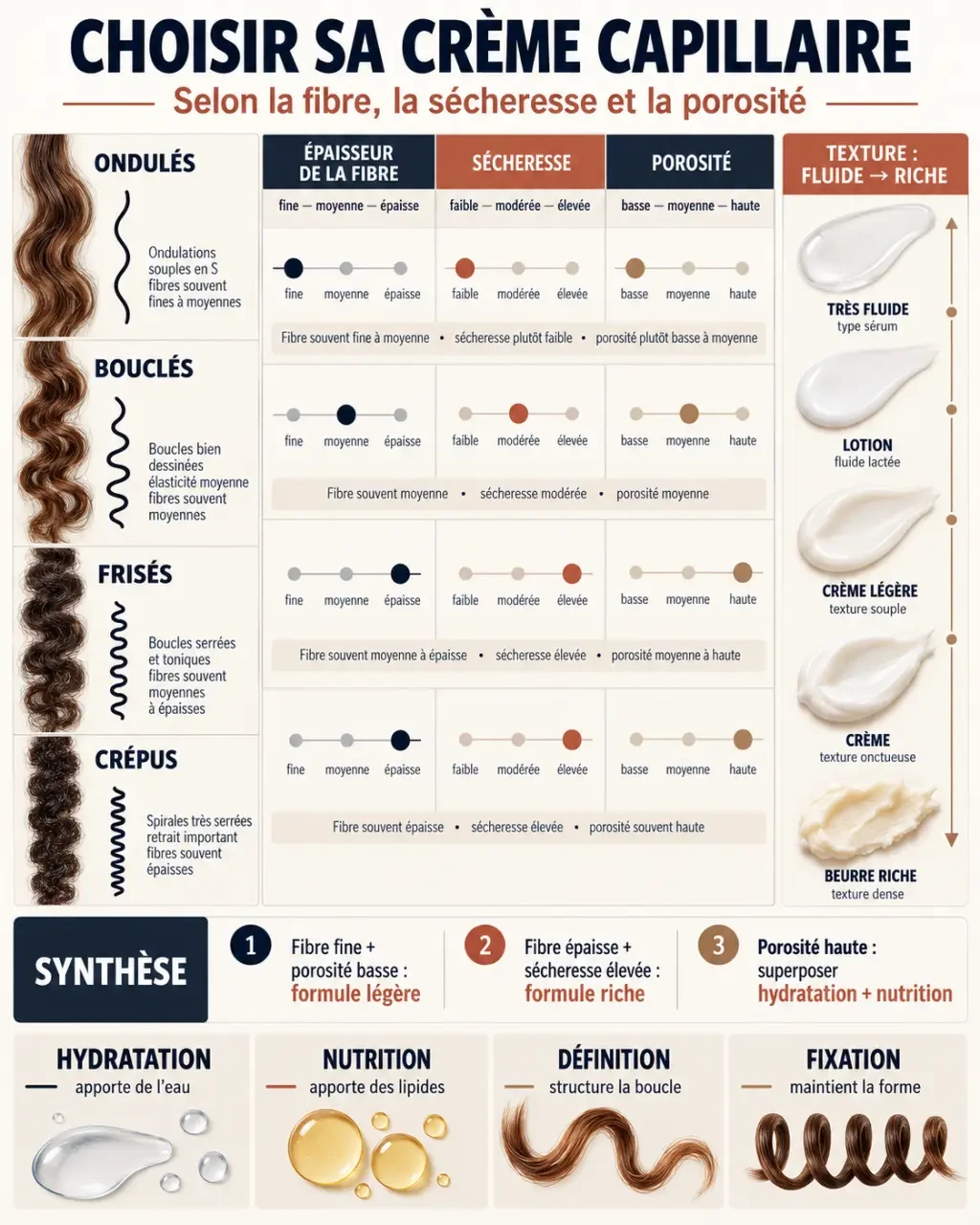 Infographie pour choisir une crème capillaire selon la texture, la porosité et la richesse du soin