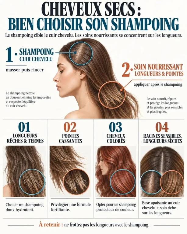 Infographie sur le choix d’un shampoing pour les cheveux secs selon le profil capillaire et la zone d’application