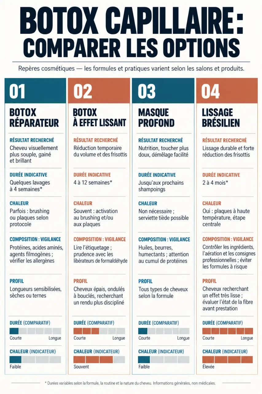 Infographie comparative du botox capillaire, du masque profond et du lissage brésilien