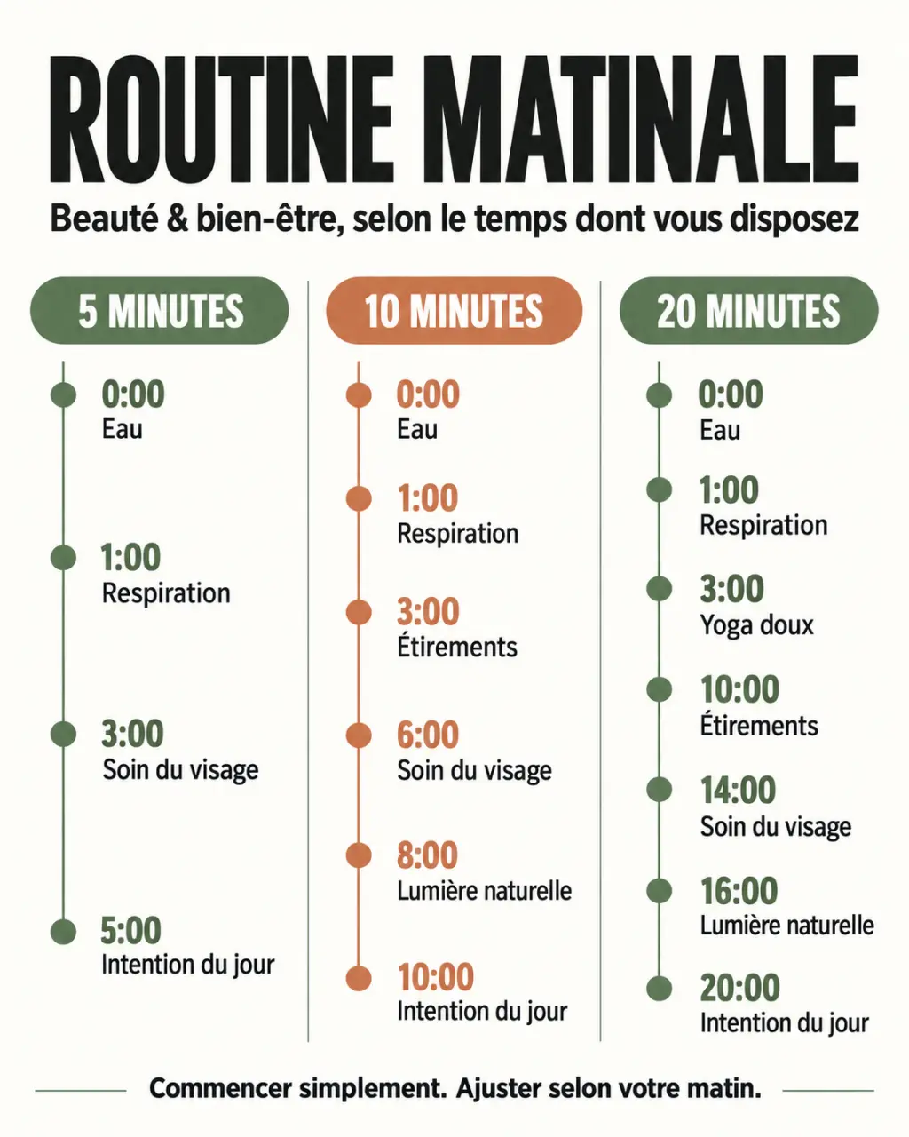 Infographie des routines du matin de beauté et de bien-être en 5, 10 et 20 minutes