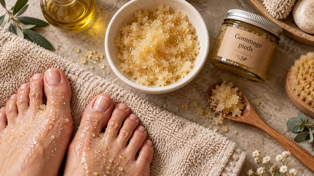 Gommage pour les pieds maison au sucre et huile, bol et pieds