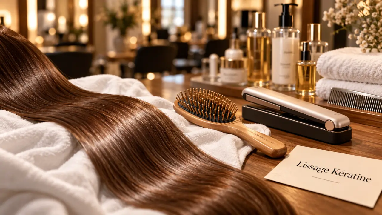Lissage kératine : mèche lissée brillante et fer à lisser