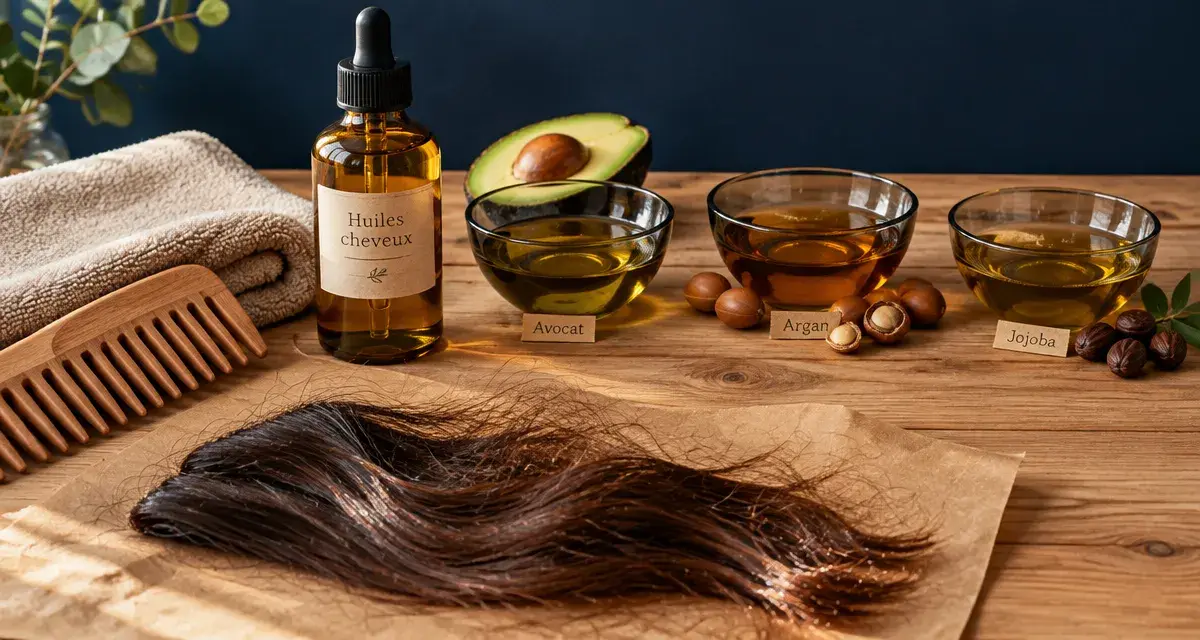 Meilleur huile pour cheveux secs et abîmés : flacons huile argan, jojoba, avocat
