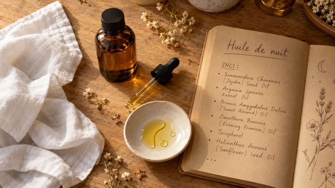 Meilleure huile visage nuit : flacon ambré d’huile pour peaux sèches et sensibles