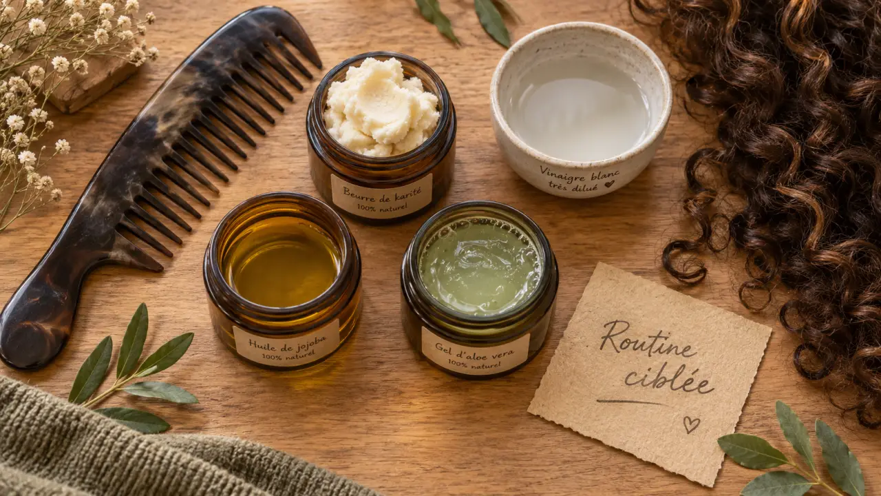 Produit naturel pour cheveux : soins karité, jojoba et aloe, routine ciblée